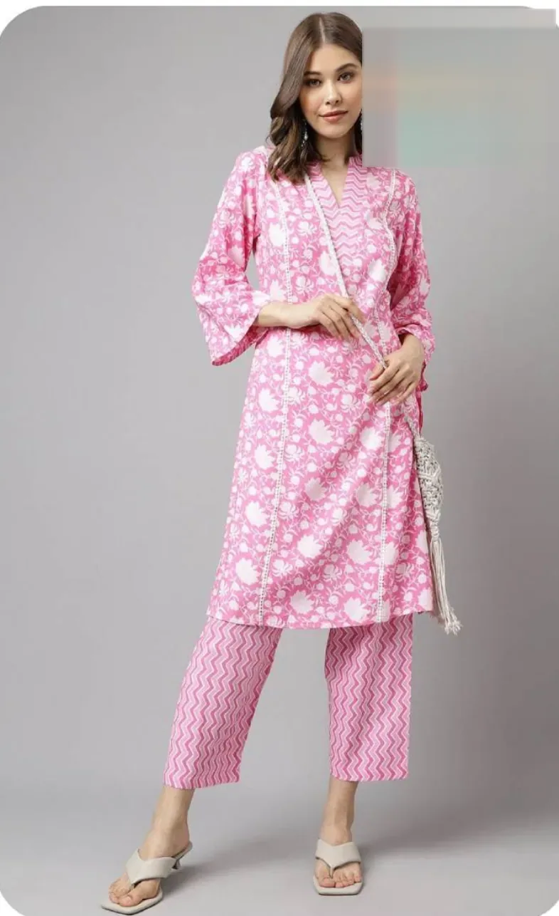 Pink Floral Print Cotton Kurti Pant Set