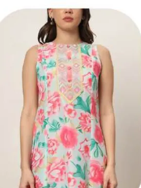 Pink Floral Print Sleeveless Cotton Blend Kurti Pant Set