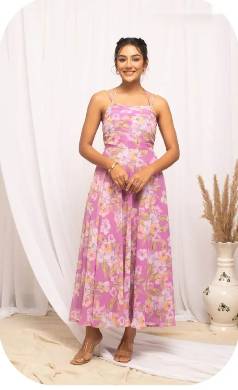 Pink Floral Print Strappy Midi Georgette Dress