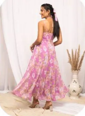 Pink Floral Print Strappy Midi Georgette Dress