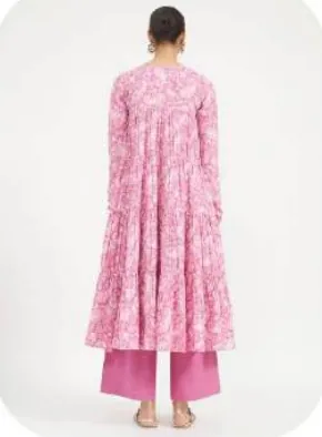 Pink Floral Print Tiered Anarkali Cotton Kurti