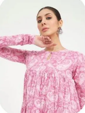 Pink Floral Print Tiered Anarkali Cotton Kurti