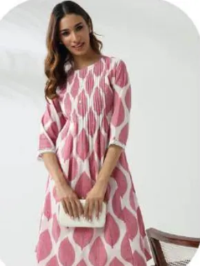 Pink Ikat Print Cotton Kurti Pant Set
