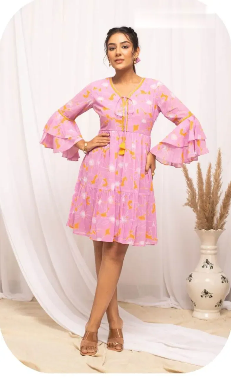 Pink Print Bell Sleeve Georgette Dress