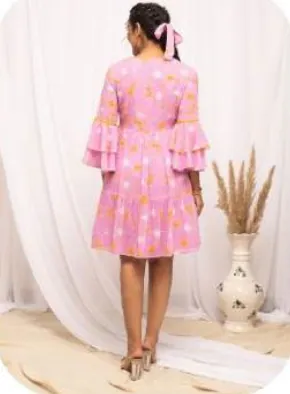 Pink Print Bell Sleeve Georgette Dress