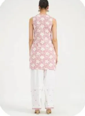 Pink Print Sleeveless Cotton Kurti & Farsi Salwar Set
