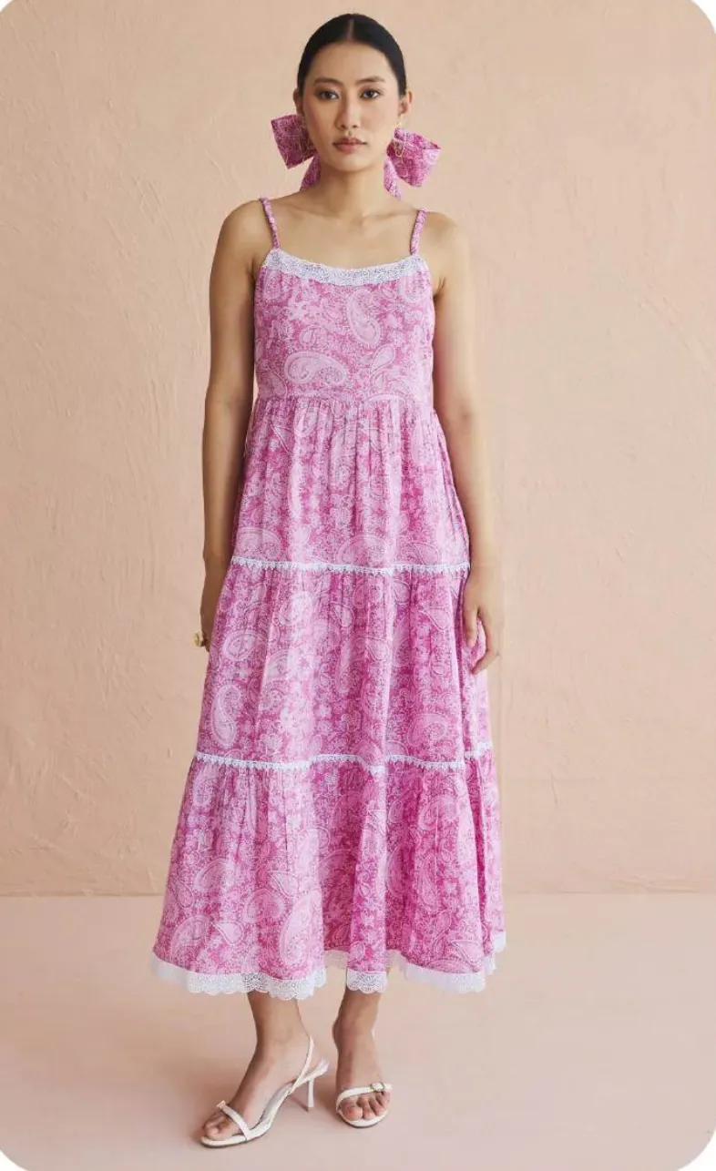 Pink Print Tiered Strappy Maxi Cotton Dress