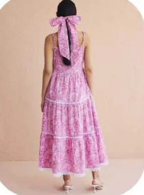 Pink Print Tiered Strappy Maxi Cotton Dress