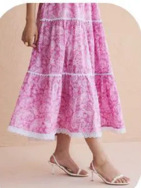 Pink Print Tiered Strappy Maxi Cotton Dress