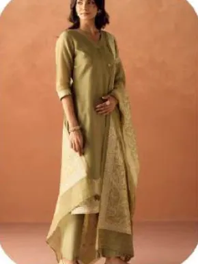 Pista Green Cotton Blend Jacquard Kurta Palazzo Set with Dupatta