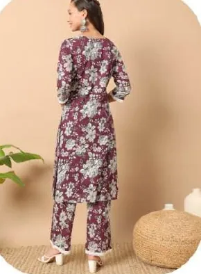 Plum Floral Print Cotton Kurti Pant Set