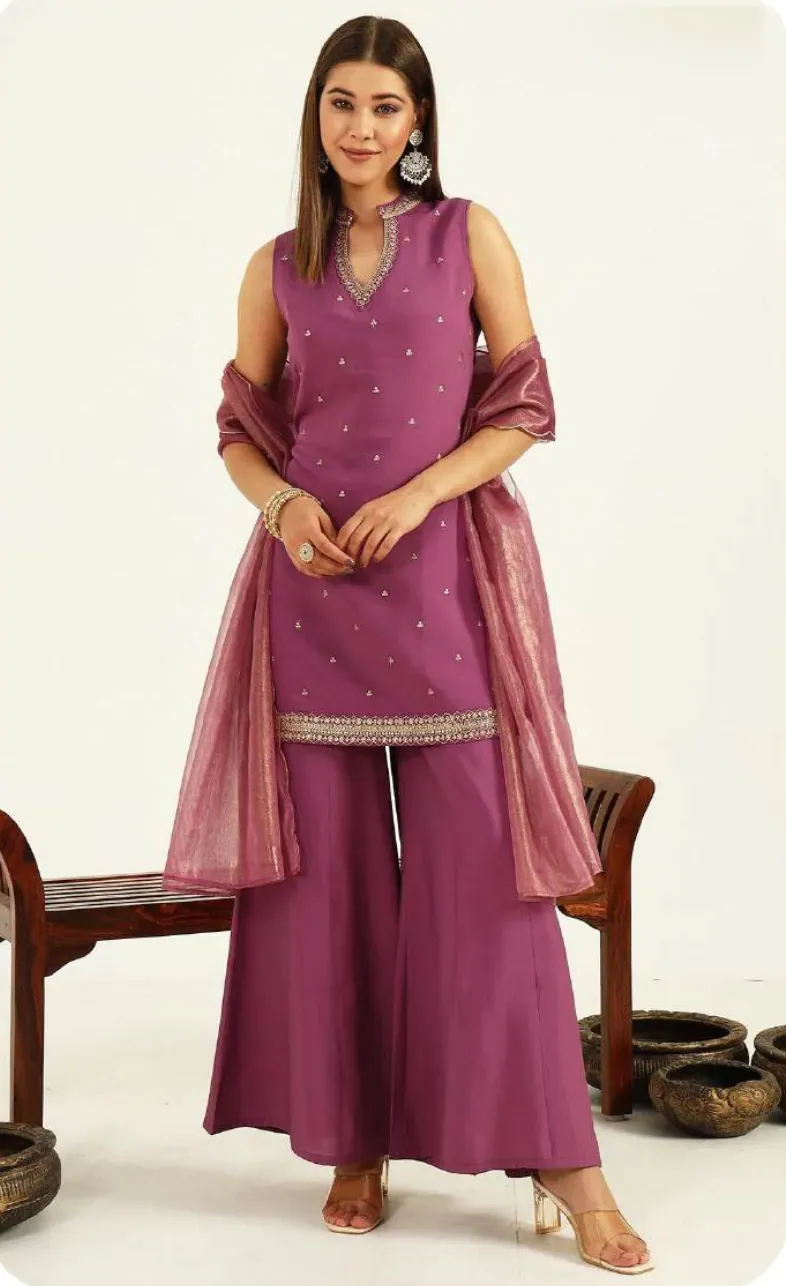 Plum Magenta Sleeveless Viscose Chanderi Kurta Set with Dupatta