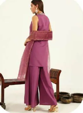 Plum Magenta Sleeveless Viscose Chanderi Kurta Set with Dupatta