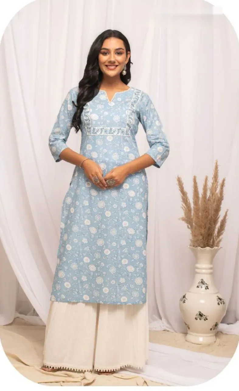 Powder Blue Floral Print Cotton Kurti