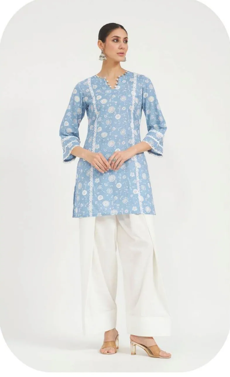 Powder Blue Print Short Cotton Kurti & Farsi Salwar Set