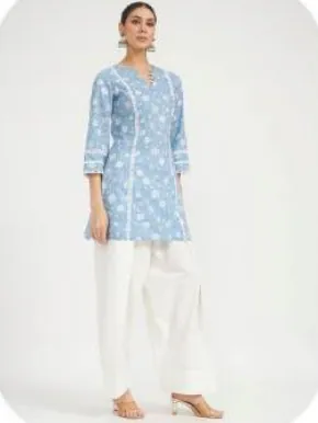 Powder Blue Print Short Cotton Kurti & Farsi Salwar Set
