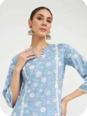 Powder Blue Print Short Cotton Kurti & Farsi Salwar Set