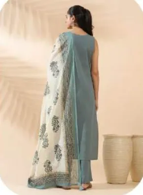 Powder Blue Straight Cotton Kurta Set with Dupatta