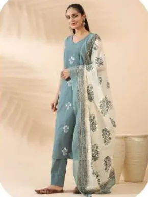 Powder Blue Straight Cotton Kurta Set with Dupatta