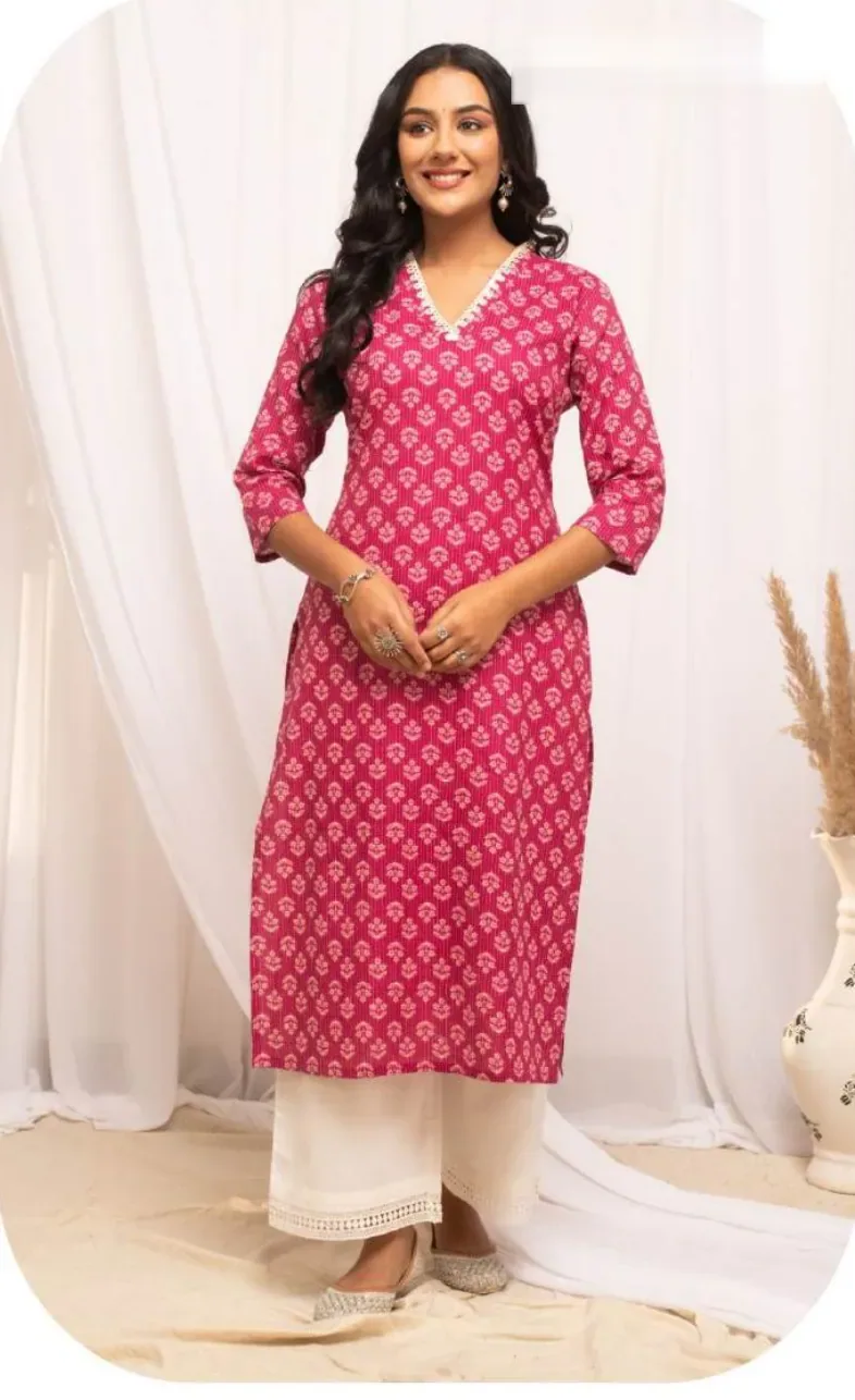 Rani Pink Printed Straight Cotton Kurti