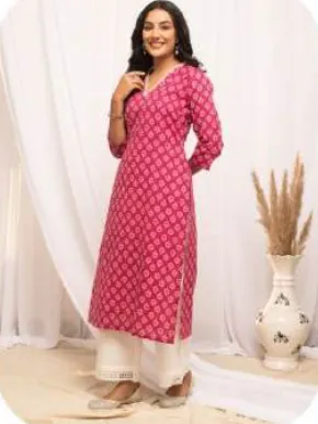 Rani Pink Printed Straight Cotton Kurti