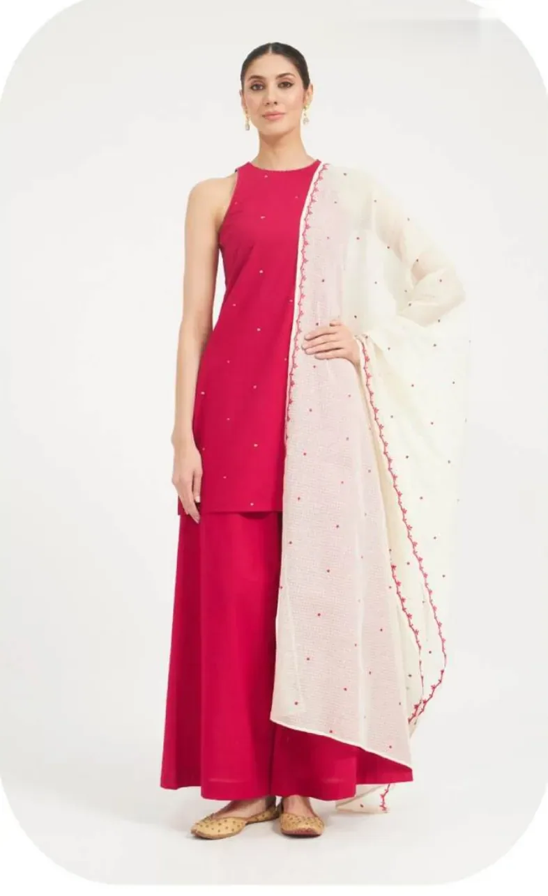 Rani Pink Sleeveless Cotton Kurta Palazzo Set with Dupatta