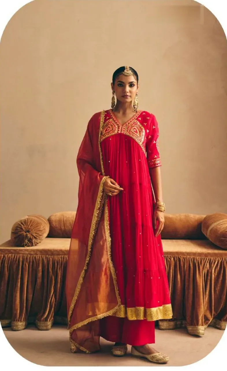 Red Anarkali Mul Chanderi Kurta Palazzo Set with Dupatta