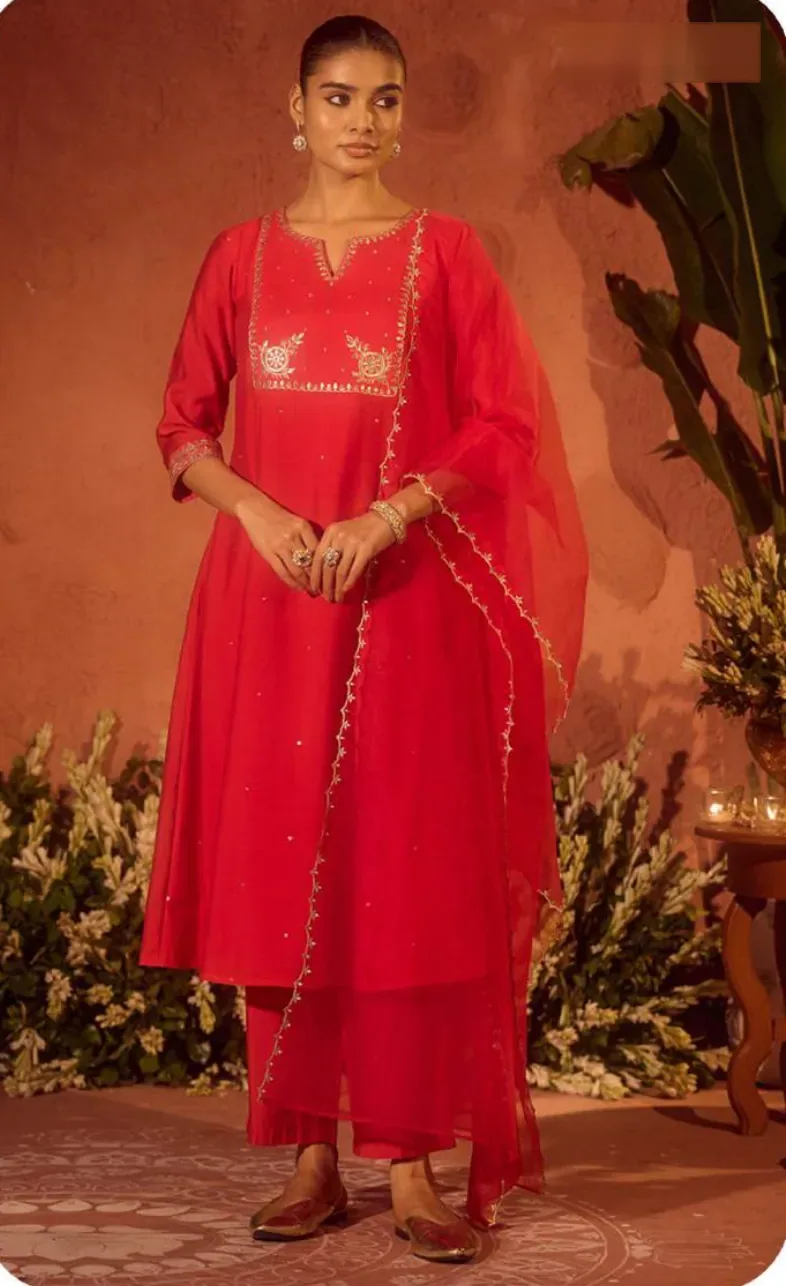Red Embroidered Yoke Viscose Chanderi Kurta Set with Dupatta