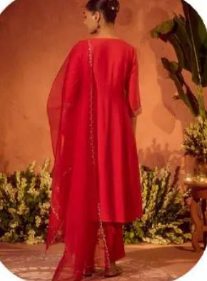 Red Embroidered Yoke Viscose Chanderi Kurta Set with Dupatta