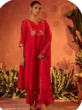 Red Embroidered Yoke Viscose Chanderi Kurta Set with Dupatta