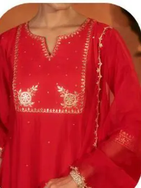 Red Embroidered Yoke Viscose Chanderi Kurta Set with Dupatta