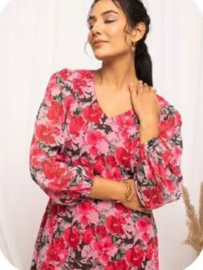 Red Floral Print Midi Georgette Dress