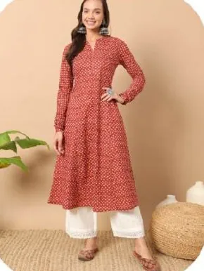 Red Printed A-Line Cotton Kurti