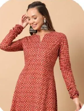 Red Printed A-Line Cotton Kurti