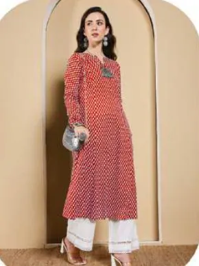Red Printed A-Line Cotton Kurti