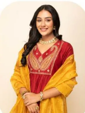Red Silk Blend Kurta Set with Dupatta