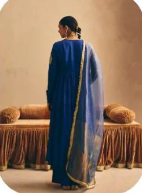 Royal Blue Anarkali Mul Chanderi Kurta Palazzo Set with Dupatta