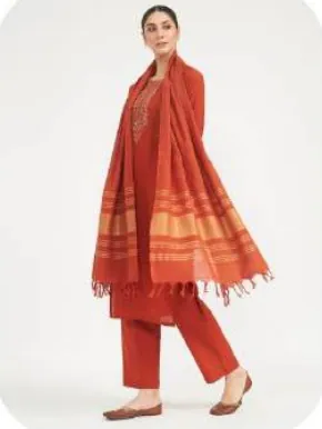 Rust Orange Embroidered Yoke Linen Kurta Set with Dupatta