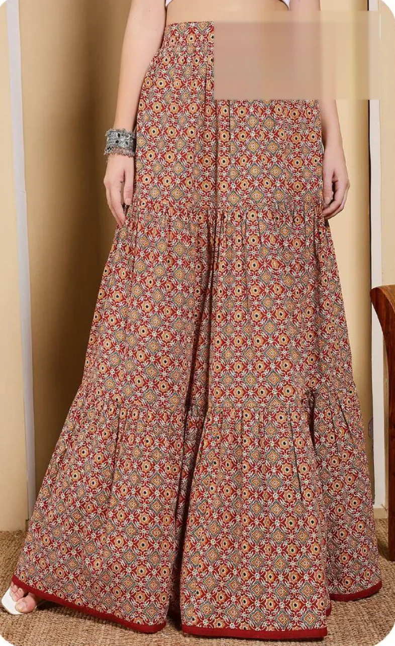 Rust Printed Cotton Tiered Skirt
