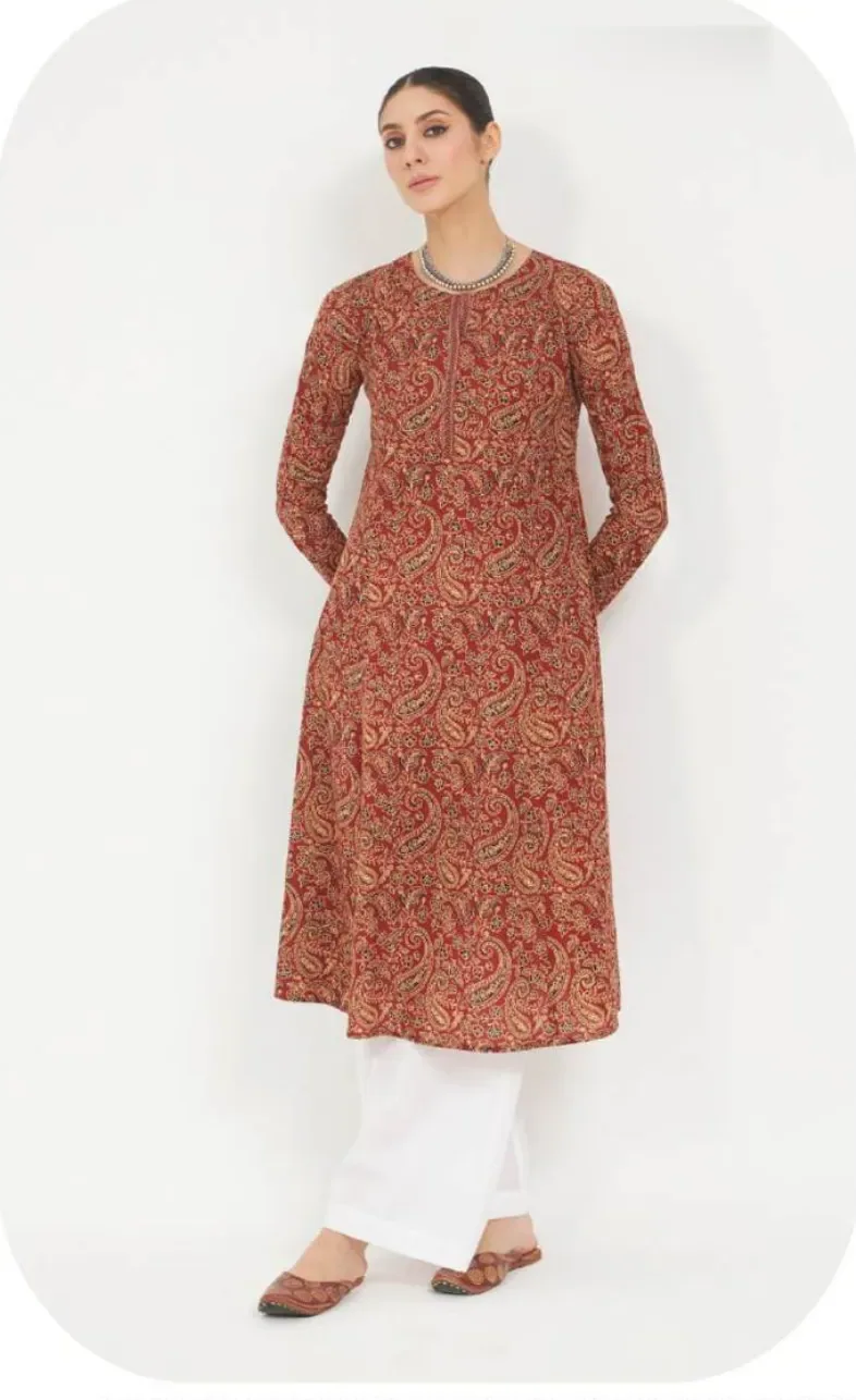 Rust Printed Flared Cotton Kurti