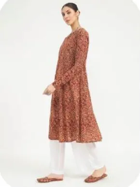 Rust Printed Flared Cotton Kurti