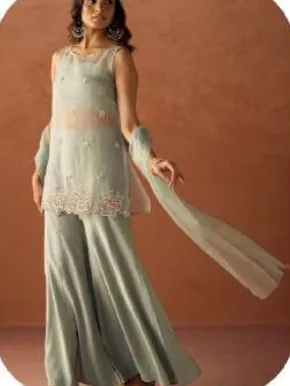 Sage Green Crush Organza Kurta Sharara Set with Dupatta