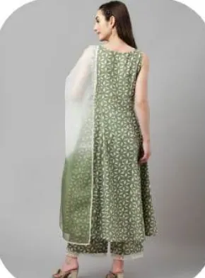 Sage Green Print Anarkali Lurex Cotton Kurta Palazzo Set with Dupatta