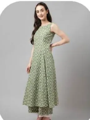 Sage Green Print Anarkali Lurex Cotton Kurta Palazzo Set with Dupatta