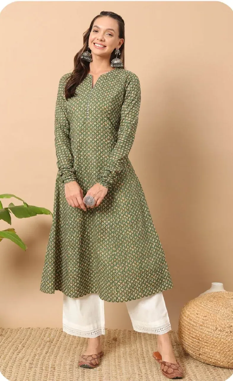 Sage Green Printed A-Line Cotton Kurti