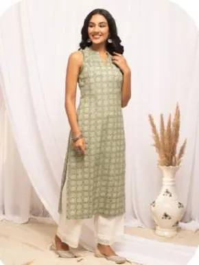 Sage Green Printed Sleeveless Pure Cotton Kurti