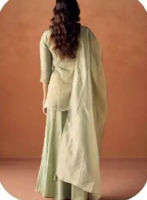Sage Green Tissue Blend Kurta Palazzo Set with Dupatta