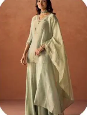 Sage Green Tissue Blend Kurta Palazzo Set with Dupatta