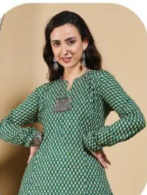 Sea Green Printed A-Line Cotton Kurti