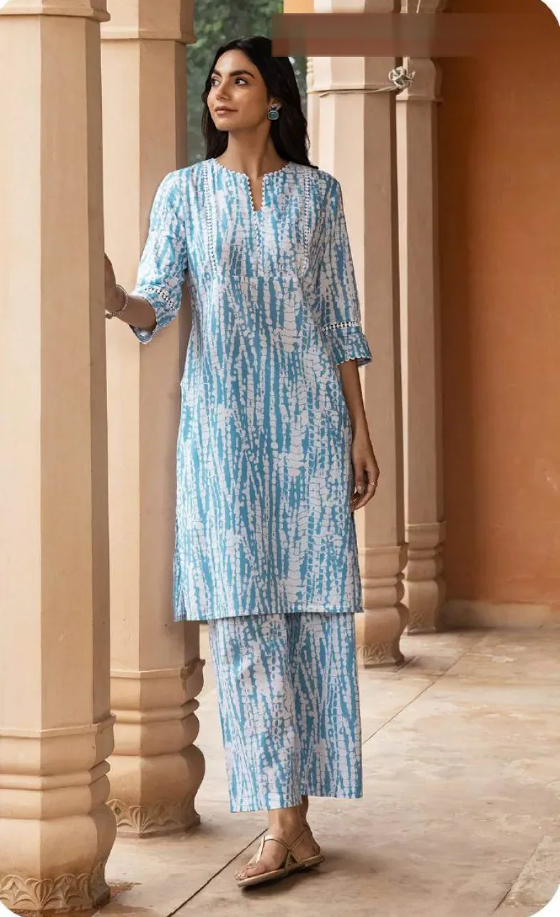 Sky Blue Ikat Print Cotton Kurti Pant Set